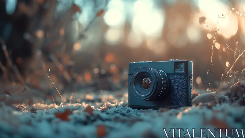 Vintage rangefinder camera in shallow-depth forest ground bokeh
