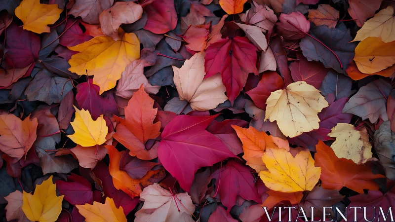 Overhead study of multicolored fallen maple leaves.