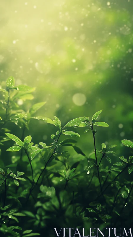 Fresh green seedlings glisten with morning dew in soft bokeh