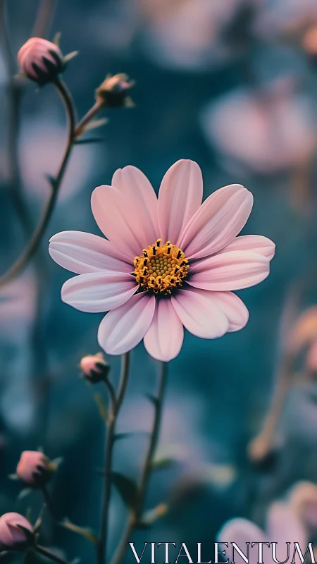 Pink Cosmos Bloom with Golden Center Detail.