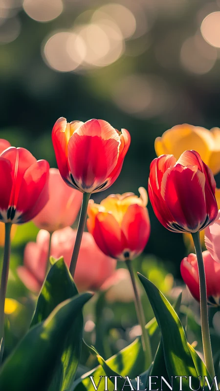 Red and Yellow Tulips in Garden Sunlight.