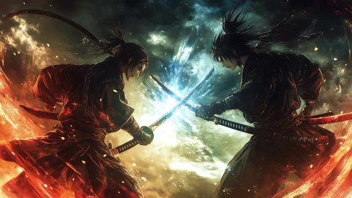 Elemental duel of opposing samurai in high-energy convergence.