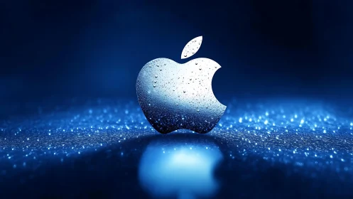 3D water-textured tech logo on luminous blue bokeh field.