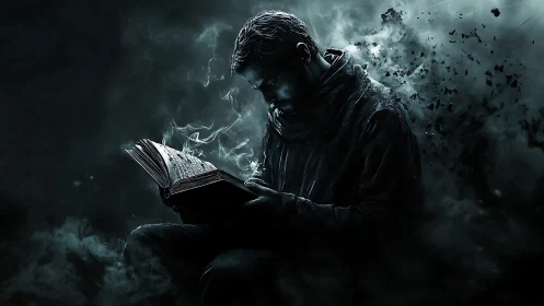 Dark sorcerer studies glowing arcane grimoire amid smoke.