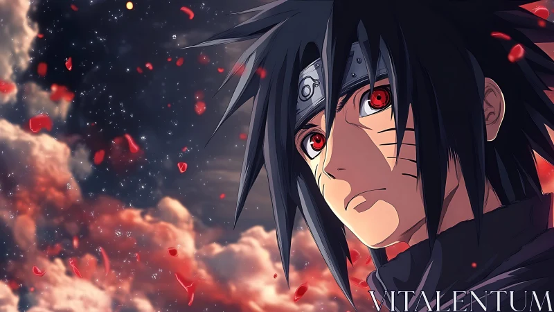 Anime ninja portrait shows red-eyed character in petals