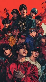 Layered urban portraits with kinetic red-splatter dynamics.