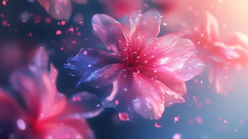 Luminous Flowers Dance in Ethereal Pink and Blue Light.