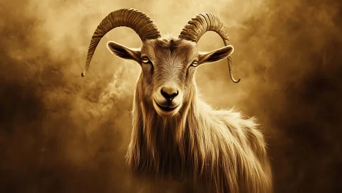 Horned goat portrait in golden atmospheric lighting.