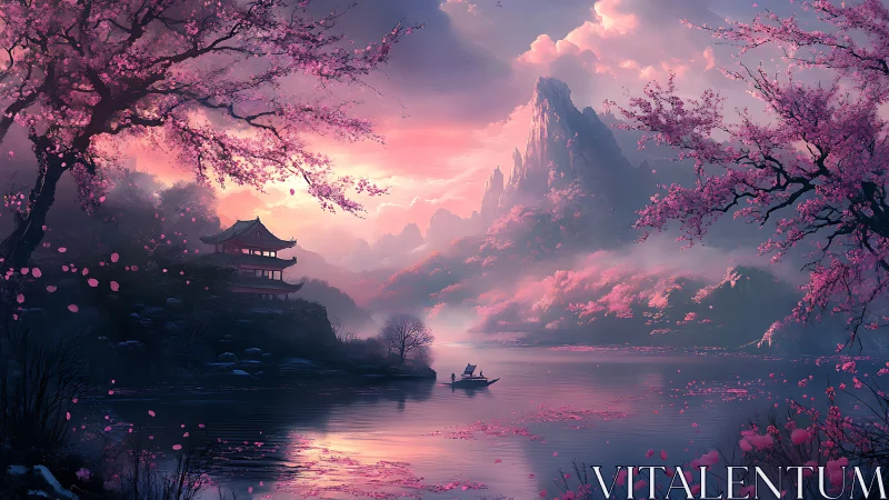 Serene cherry blossom lake frames misty mountains at dusk