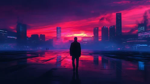 Silhouette stands before neon city at vivid magenta sunset