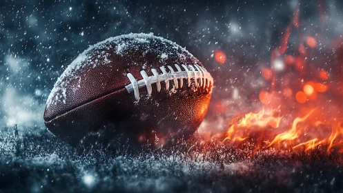 Photorealistic football in snow and flame contrast composition.