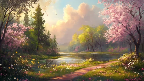 Spring forest river reflects bright clouds and blossoms