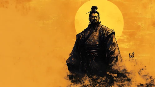 Samurai silhouette before large sun on textured gold field.