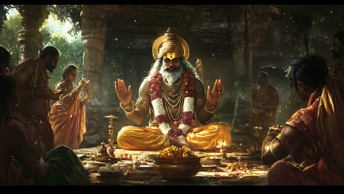 Sacred guru leads golden-hued ritual in ancient temple hall.