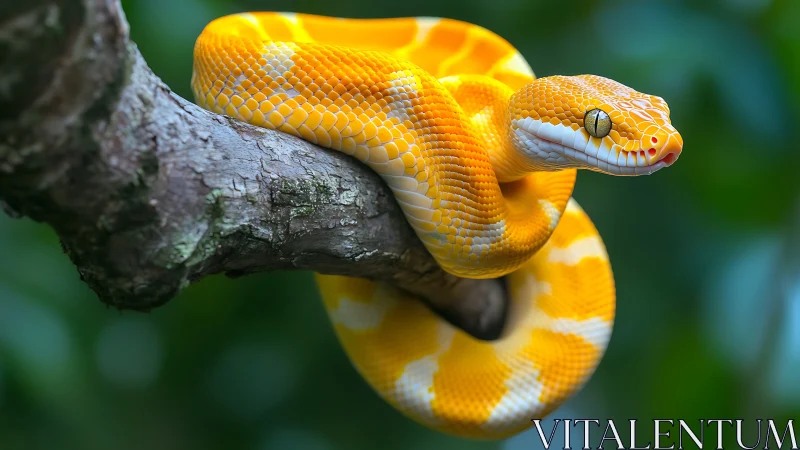 Vibrant albino python coils around branch in shallow focus