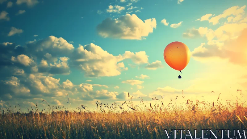 Solitary orange balloon drifting above sunlit prairie field