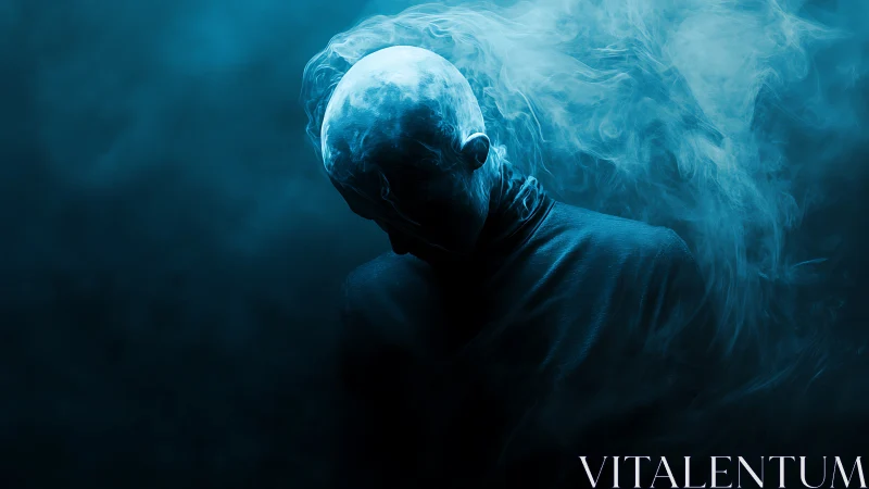 Smoke-crowned silhouette bowed in blue nocturne haze.