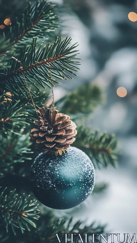 Photorealistic close-up of frosted teal bauble and pinecone ornament.