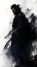 Solitary robed figure merges into abstract dark brushwork