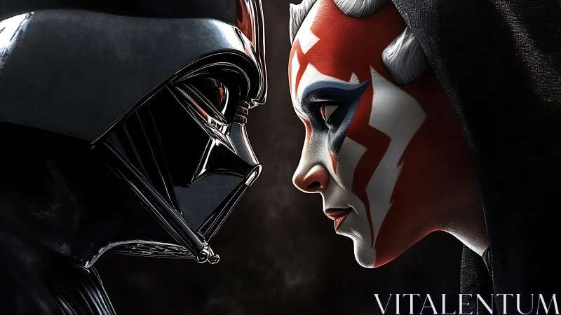 Darth Vader confronts warrior in dramatic chiaroscuro lighting and volumetric atmosphere