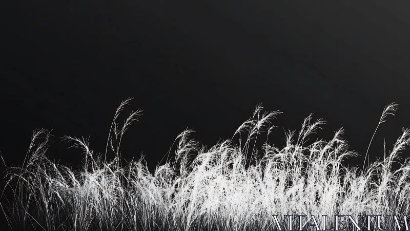 Silhouetted white reeds sway gently against a deep black sky