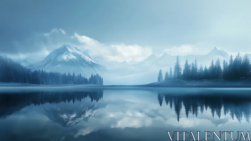 Calm mountain lake wrapped in soft morning mist and light.