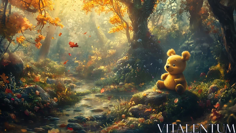 Golden teddy bear resting in sunlit autumn forest stream.
