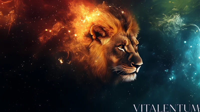 Starforged lion drifting between ember and nebula dusk.