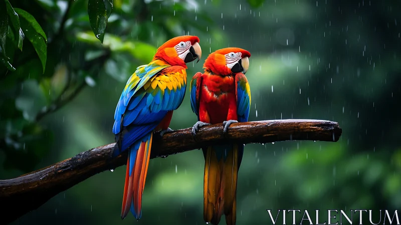 Two Vibrant Macaws Perched on Branch in Rainforest, Photorealistic Style.