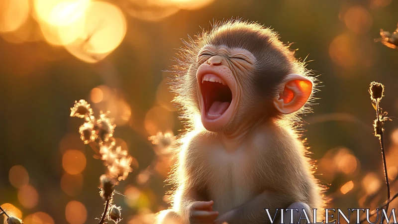 Sunlit baby monkey howls joyfully into a glowing bokeh forest