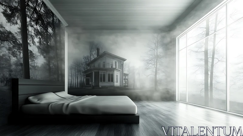 Dreamy forest bedroom opening onto a misty country house.