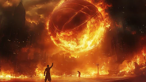 Colossal flaming basketball engulfs apocalyptic urban court