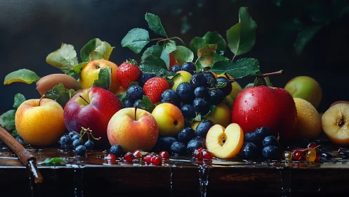Vibrant assorted fruits rest on wet wooden surface under light