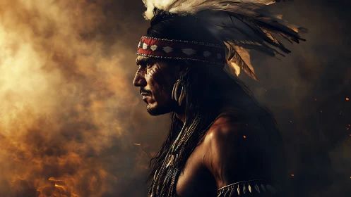 Portrait of a proud warrior in swirling golden smoke.