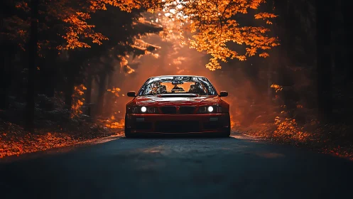 Crimson coupe slices through ember-lit autumn forest road.