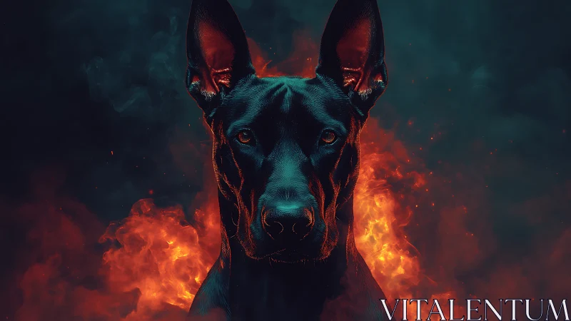 Infernal black dog portrait against blazing firestorm.