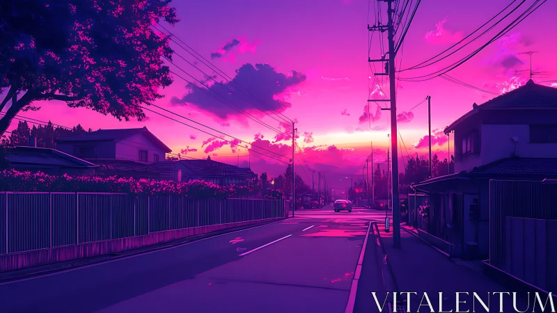 Suburban street under magenta sunset sky with power lines.