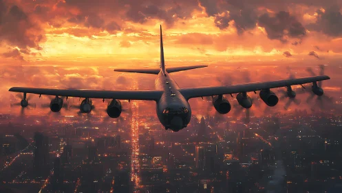 Sunset city flyover with a powerful, steady aircraft.