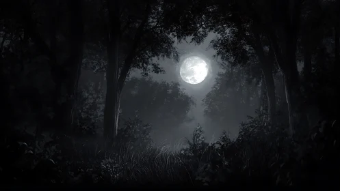 Full moon lighting a dark, dense nighttime forest scene