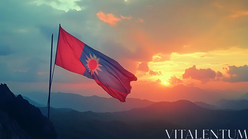 Mountain peak flag against high-saturation sunset skyline