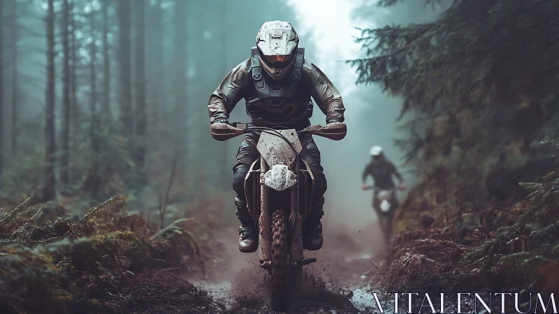 Off road motorcyclists riding through dense misty forest.