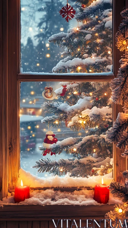 Snowy Christmas tree framed by candlelit frosted window.