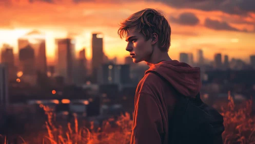 Side-profile youth overlooks defocused city at sunset