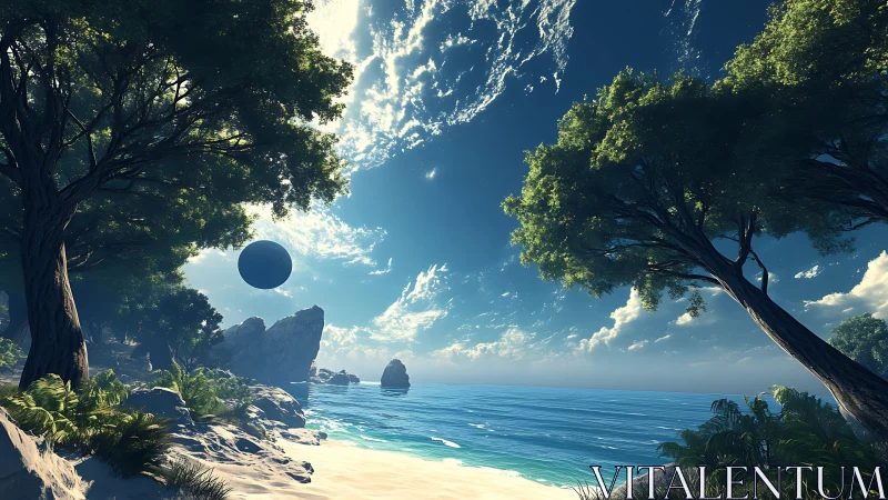 Surreal Coastal Portal with Dark Sphere.