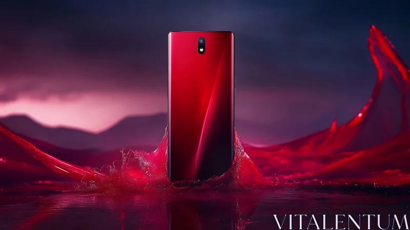 Red smartphone stands upright amid dynamic liquid splash