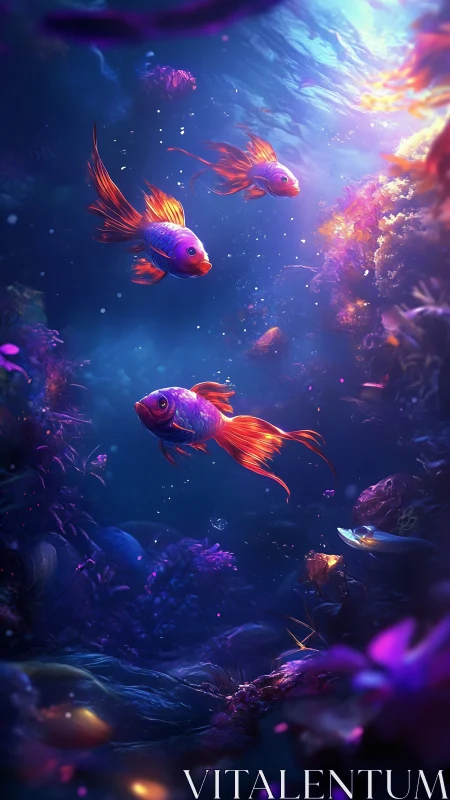 Radiant goldfish drifting through luminous coral dreamscape.