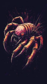 Ferocious cosmic spider lunges forward in fiery neon shadows