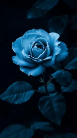 Midnight's Velvet Bloom: Cyan Rose Glowing Against Obsidian Night