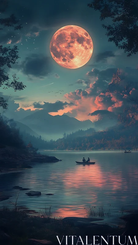 Large pink moon over quiet lake with small rowboat.