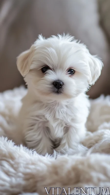 White fluffy puppy sitting on soft textured blanket.